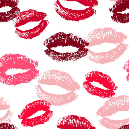 Vector seamless pattern with pink and red stamps of lipstick kisses. Romantic background for Valentine's day.のイラスト素材