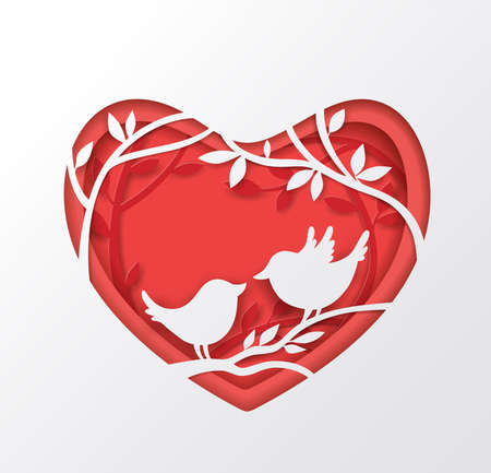 Vector cut out of paper red heart with two birds on a branch. Romantic Valentine background.のイラスト素材