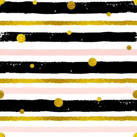 Vector abstract striped seamless pattern with golden circles. Decorative grunge background with black, pink and golden strips のイラスト素材