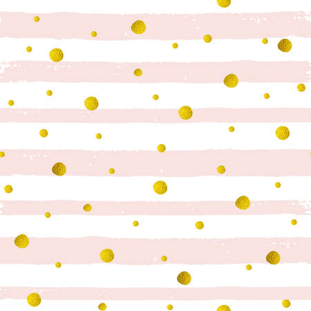 Vector abstract striped seamless pattern. Decorative grunge background with pink strips and golden circlesのイラスト素材