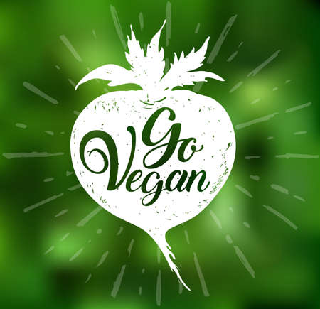 Root vegetable and lettering Go vegan on a green blurred background. Vegetarian lifestyle concept. Hand drawn vector illustrationのイラスト素材