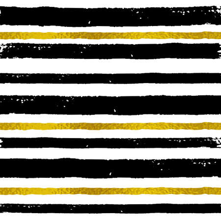 Vector abstract striped seamless pattern. Decorative grunge background with black and golden stripsのイラスト素材