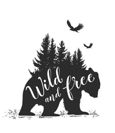 Silhouette of a wild bear, fir tree and calligraphy. Wild life in nature.のイラスト素材