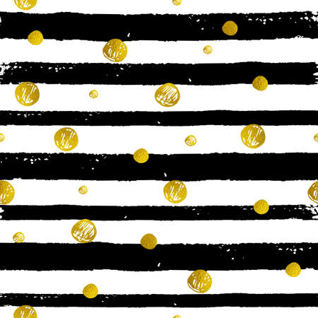 Vector abstract striped seamless pattern. Decorative grunge background with black strips and golden circlesのイラスト素材