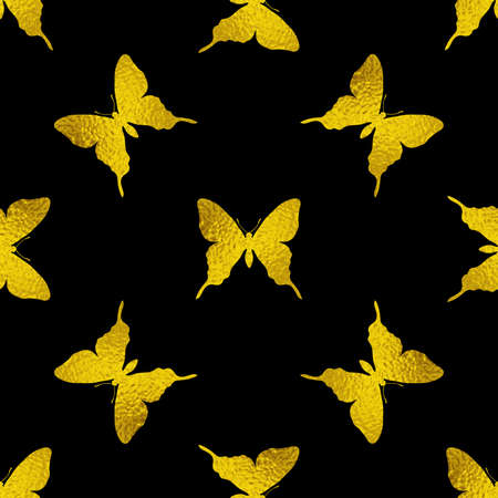 Decorative vector seamless pattern with golden butterflies on a black backgroundのイラスト素材
