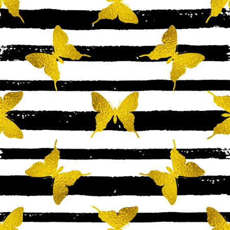 Decorative vector seamless pattern with golden butterflies on a striped black and white backgroundのイラスト素材