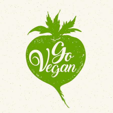 Green root vegetable and lettering Go vegan. Vegetarian lifestyle concept. Hand drawn vector illustrationのイラスト素材