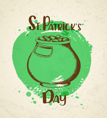 Retro vector background with pot of gold and green round blot.のイラスト素材