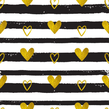 Decorative festive seamless pattern with golden hearts and black lines.のイラスト素材