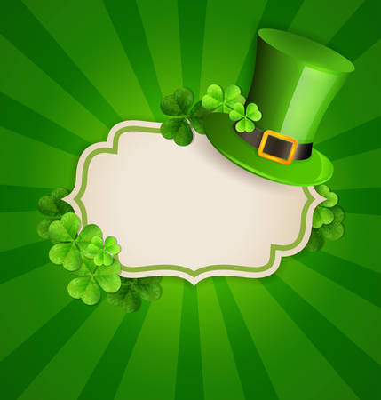 Green hat and clover leaves with frame on a green background.のイラスト素材