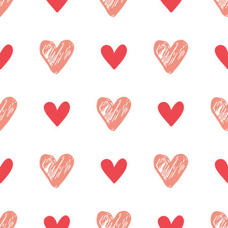 Decorative festive seamless pattern with red and peach hearts on a white background.のイラスト素材