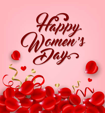 Red rose petals on a pink background. Greeting card for women's day. Vector illustrationのイラスト素材
