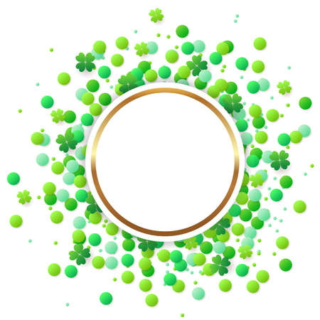 Abstract vector round banner with green confetti and clover leaves on a white background. Design for St. Patrick's Dayのイラスト素材