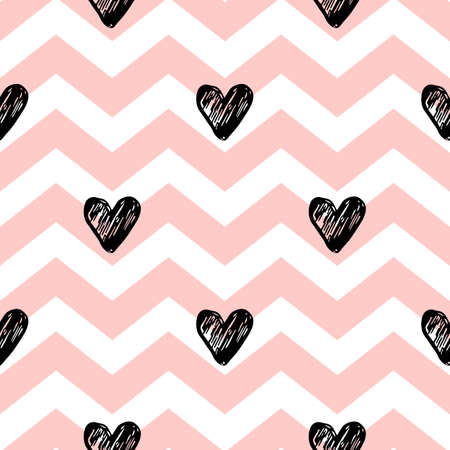 Vector chevron seamless pattern. Pink lines and black hearts on a white background. Design for Valentine's dayのイラスト素材