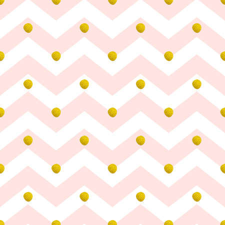 Vector chevron seamless pattern. Pink lines and golden circles on a white backgroundのイラスト素材