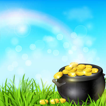 Pot of gold in a green grass. Design for St. Patrick's day vector illustration.のイラスト素材