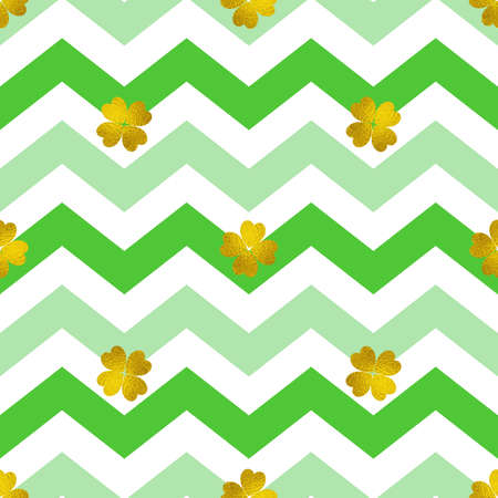 Decorative seamless pattern with green lines and golden clover leaves on a white background. Design for St. Patrick's day.のイラスト素材
