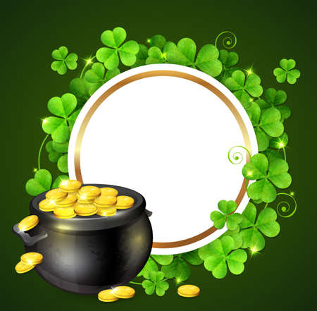 Round banner, pot of gold and clover leaves on a green background. Design for St. Patrick's day vector illustration.のイラスト素材