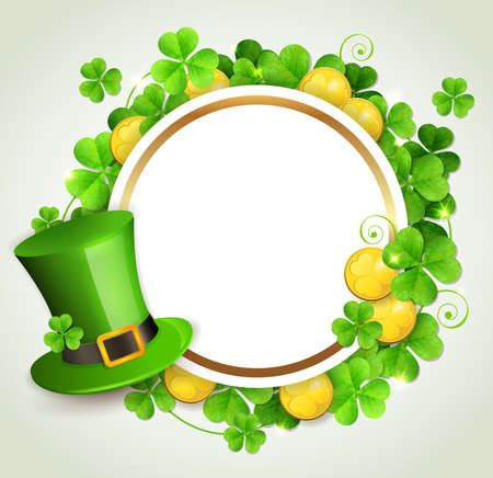 Round banner, green hat and clover leaves. Design for St. Patrick's day vector illustration.のイラスト素材