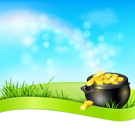 Festive background with pot of gold in a green grass. Design for St. Patrick's day vector illustration.のイラスト素材