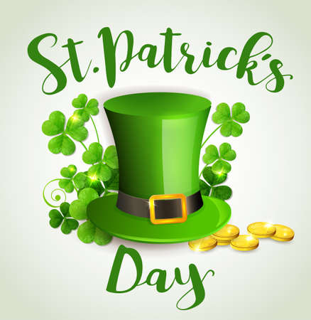Green hat, clover leaves and golden coins. Greeting card for St. Patrick's day vector illustration.のイラスト素材