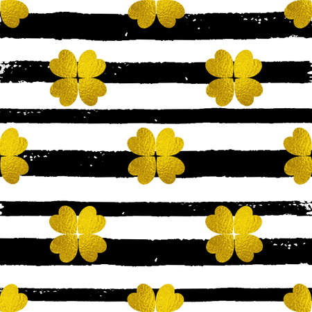 Decorative seamless pattern with black lines and golden clover leaves on a white background. Design for St. Patrick's day.のイラスト素材