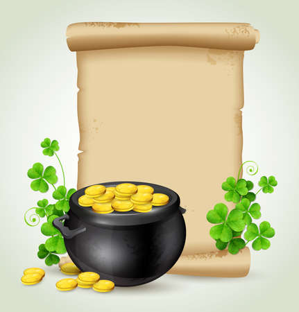 Old scroll, pot of gold and clover leaves background. Design for St. Patrick's day vector illustration.のイラスト素材
