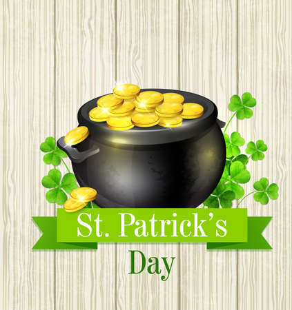Pot of gold and clover leaves vector background. Design for St. Patrick's day.のイラスト素材