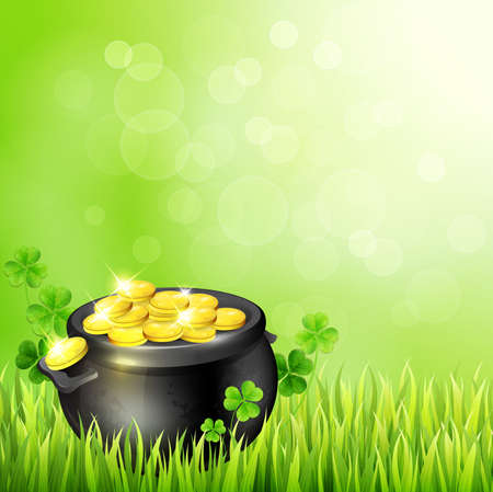 Pot of gold and clover leaves on a green background. Design for St. Patrick's day vector illustration.のイラスト素材