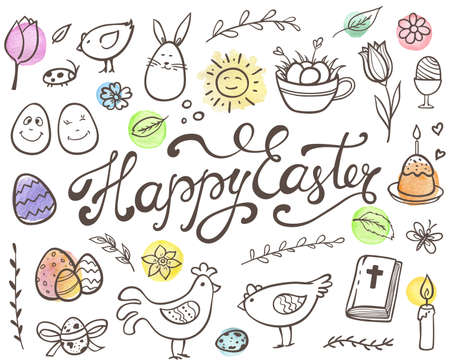 Set of decorative hand drawn Easter doodle elements for design. Vector kit with watercolor texture.のイラスト素材