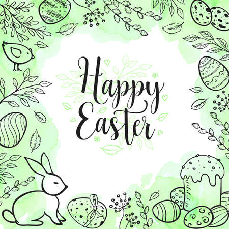 Decorative Easter greeting card in watercolor texture. Hand drawn vector illustration.のイラスト素材