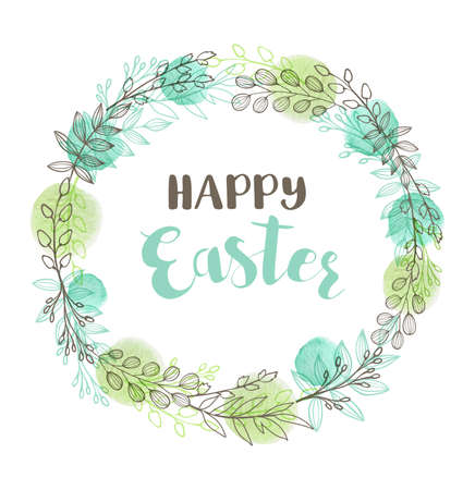 Greeting card for Easter with floral frame. Hand drawn vector illustration with branch, leaves and watercolor elements.のイラスト素材