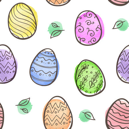 Hand drawn doodle Easter seamless pattern with eggs and watercolor blots on a white backgroundのイラスト素材