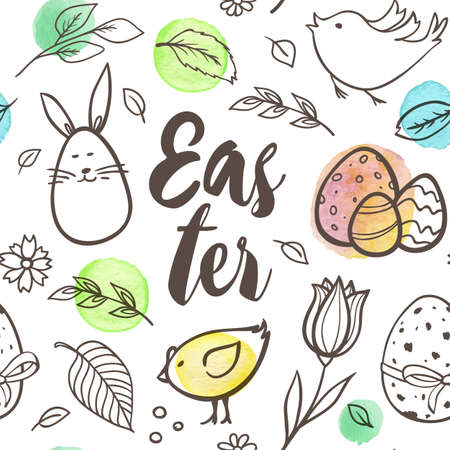 Hand drawn doodle Easter seamless pattern with rabbit and birds on a white backgroundのイラスト素材