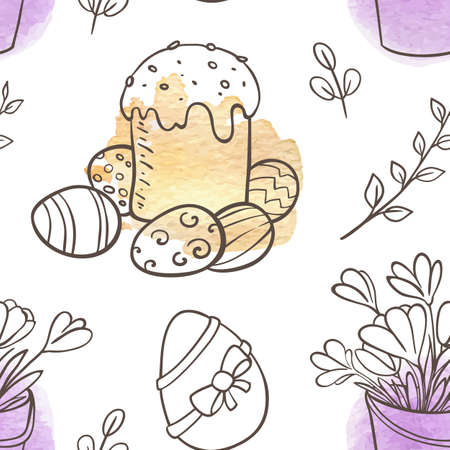Hand drawn doodle Easter seamless pattern with cake and flowers on a white backgroundのイラスト素材