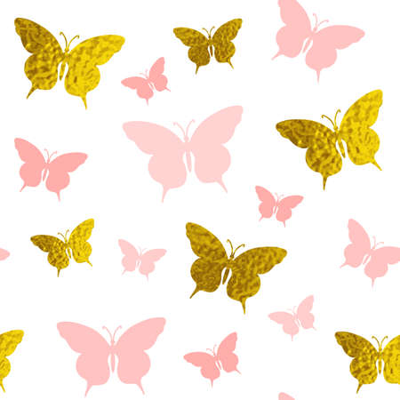 Decorative vector seamless pattern with pink and golden butterflies on a white backgroundのイラスト素材