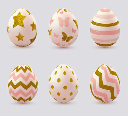 Set of pink decorative vector Easter eggs with golden glittering elementsのイラスト素材