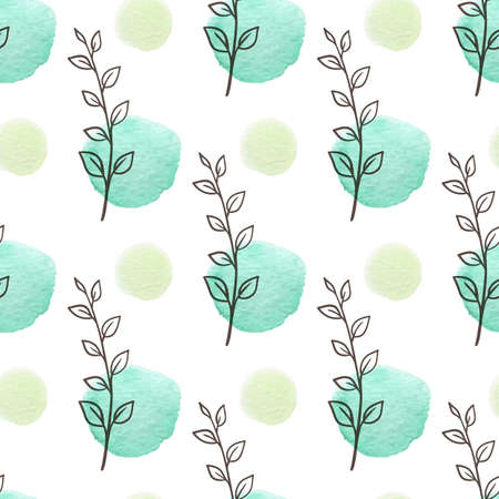 Decorative spring seamless pattern with green leaves and watercolor blots. Hand drawn vector illustration.のイラスト素材
