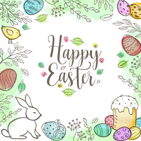 Decorative Easter greeting card with eggs, rabbit, leaves and watercolor textures. Hand drawn vector illustration.のイラスト素材
