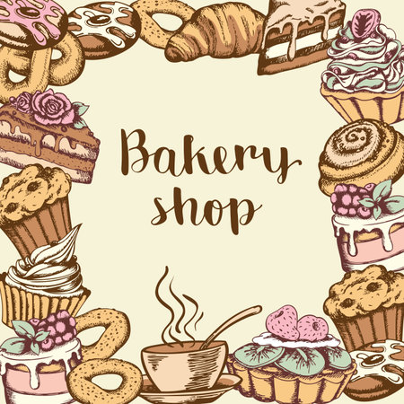 Vintage hand drawn vector background with bakery products and sweet cakes.