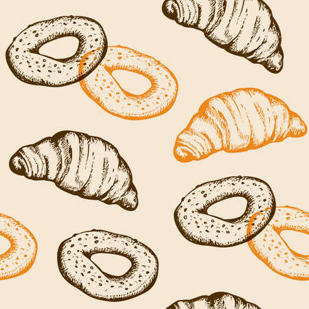 Hand drawn seamless pattern with fresh bakery produkts in vintage style. Vector background with croissant and bagelのイラスト素材