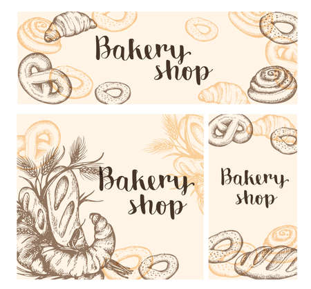 Set of vintage hand drawn vector banners with bakery products. Vintage backgrounds with food.のイラスト素材