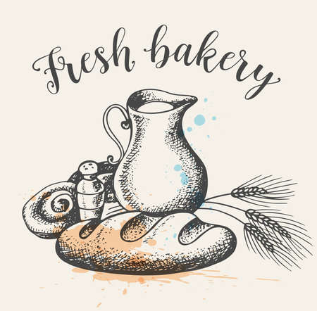 Vintage background with fresh bakery produkts and jug of milk. Hand drawn vector illustrationのイラスト素材