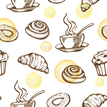 Hand drawn seamless pattern with fresh bakery produkts in vintage style. Vector background with coffee cup and croissant のイラスト素材