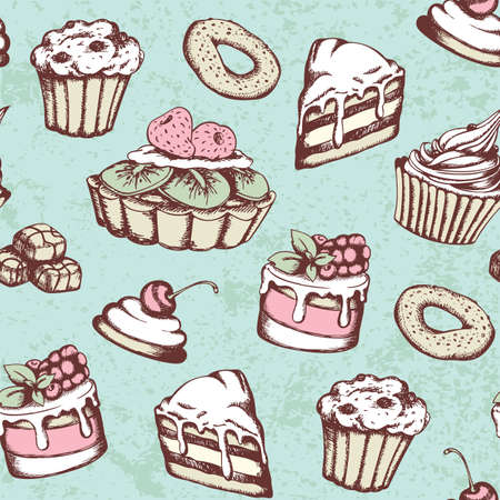 Hand drawn seamless pattern with candies and cakes in vintage style. Vector green background with sweets.のイラスト素材