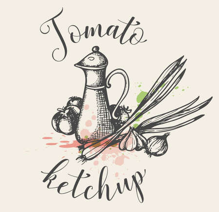 Vintage background with a jug of tomato ketchup and fresh vegetables. Hand drawn vector illustration.のイラスト素材