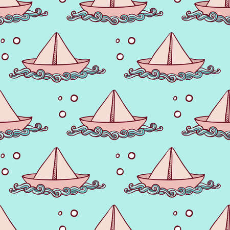 Marine seamless pattern with paper ship floating on the waves. Hand drawn vector background.のイラスト素材