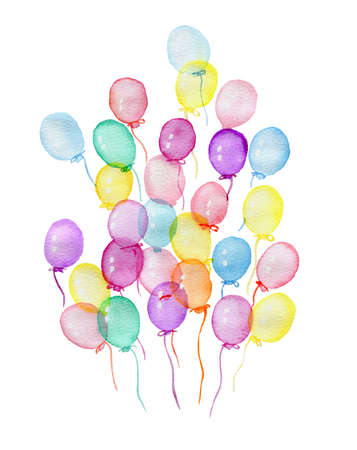 Hand drawn watercolor illustration of varicolored air balloons on a white backgroundの写真素材