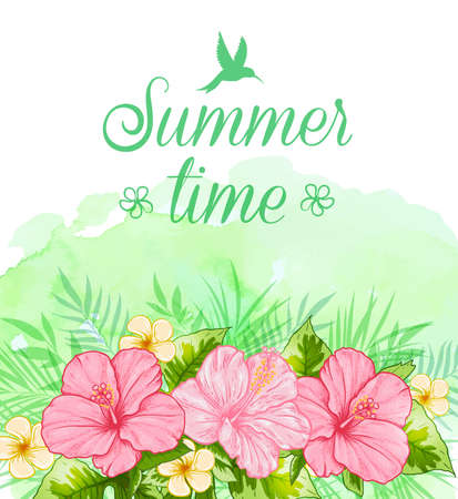 Summer tropical background with palm leaves, red hibiscus flowers and green watercolor texture. Vector illustration.のイラスト素材