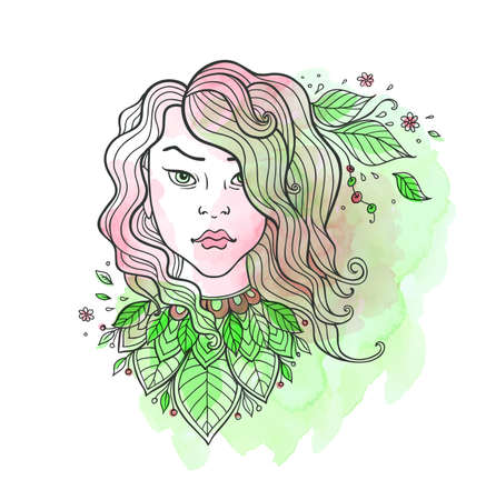 Hand drawn vector girl with long hair and leaves on a green watercolor background.のイラスト素材